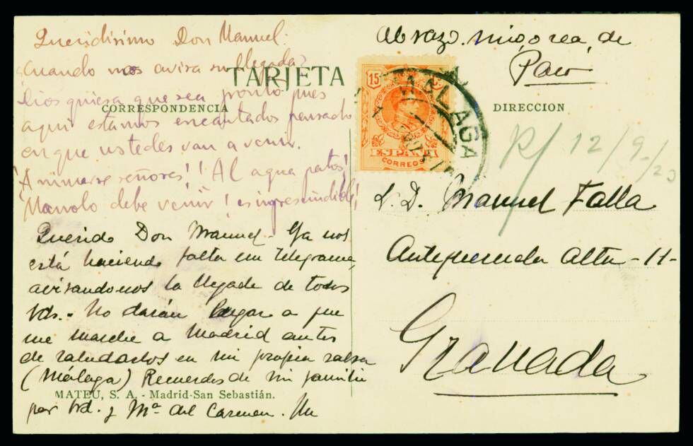 Postal remitida por Federico García Lorca a Manuel de Falla.
