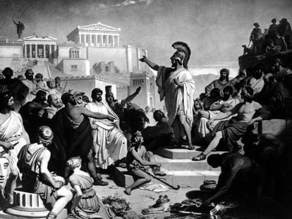 Pericles interviene en el juicio de Aspasia, en una ilustración de P. von Foltz.
