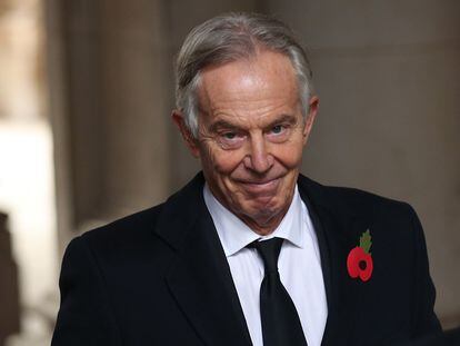 El ex primer ministro del Reino Unido, Tony Blair, este domingo durante el acto de recuerdo del fin de la I Guerra Mundial, en Londres.