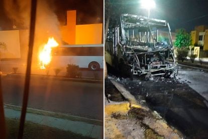Un camión incendiado sobre una avenida de Celaya, en el Estado de Guanajuato, la noche de este lunes.