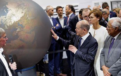 German Chancellor Olaf Scholz, accompanied by Portuguese Prime Minister António Costa, during a visit to the Hannover industrial fair on Monday.