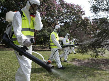 Cuadrillas de operarios de fumigación en Buenos Aires.