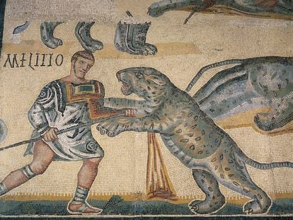 Un gladiador se enfrenta a un tigre en un moisaico del siglo IV conservado en Tuscolo (Italia).