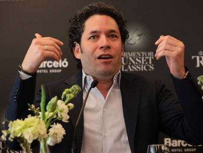 El director de orquesta venezolano Gustavo Dudamel, en la rueda de prensa en Madrid.