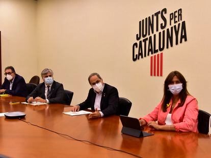 Quim Torra, durante la reunión presencial y telemática de los diputados y senadores de Junts per Catalunya.