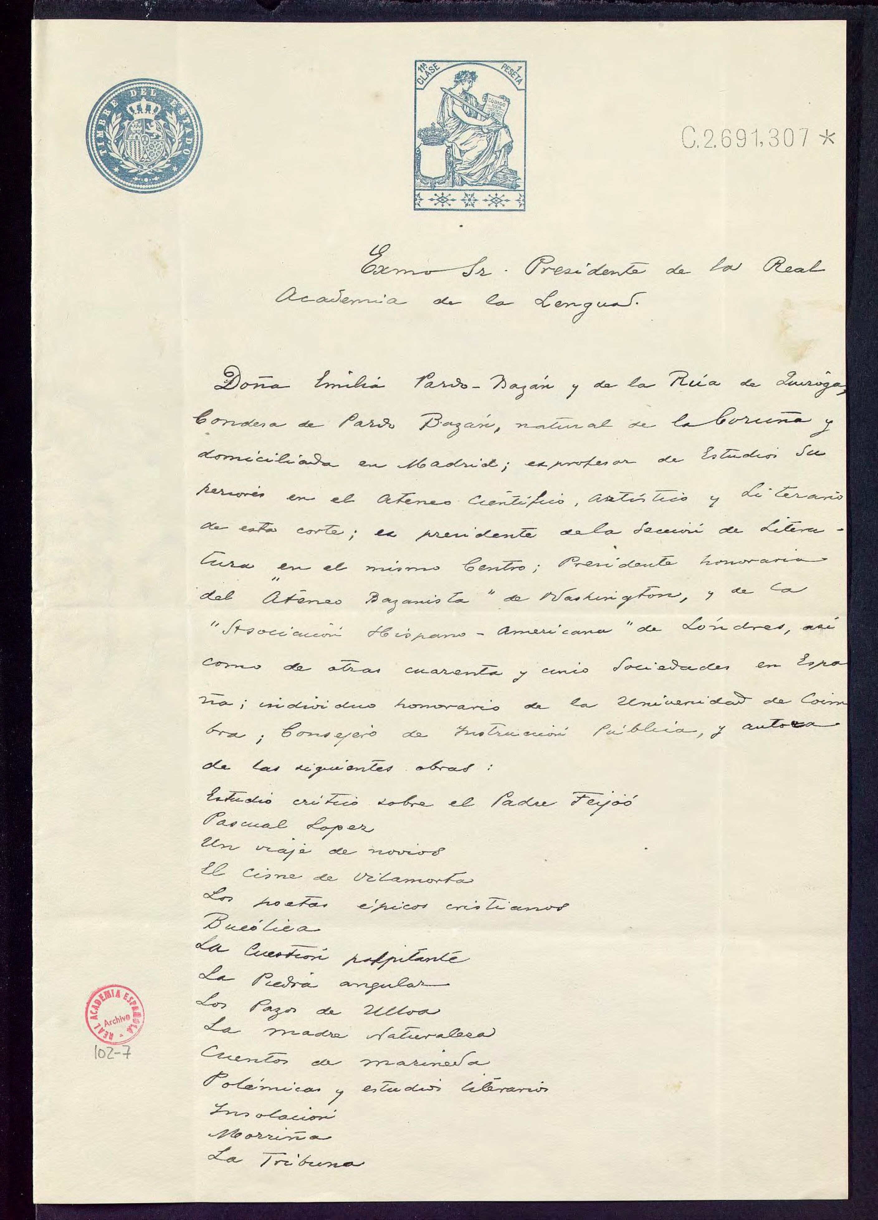Carta de Emilia Pardo Bazán para pedir su ingreso en la Real Academia Española en 1912.