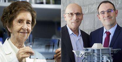 La científica Margarita Salas (izq) y los ingenieros Carlos Fermín Menéndez Díaz (centro) y Antonio Corredor Molguero (der).