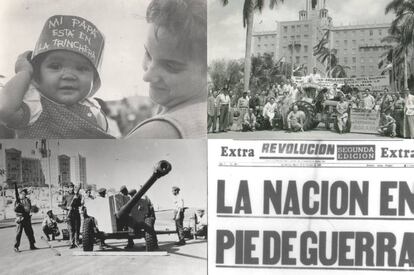 Un tractor donado por los trabajadores del Hotel Nacional de Cuba a la Reforma Agraria, en 1961 (arriba, derecha) junto con imágenes de la crisis de los misiles en Cuba, en 1962.