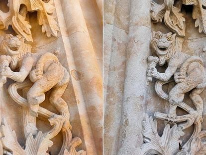 A la izquierda, el diablo de la catedral de Salamanca tras perder una pata. A la derecha, en su forma original.