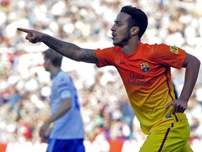 Thiago celebra su gol en La Romareda.