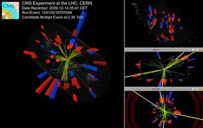 Imagen de colisiones de partículas registradas en el detector CMS del acelerador LHC
