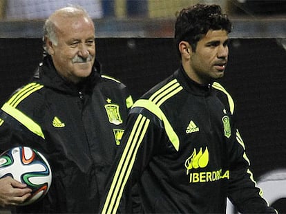 Del Bosque y Diego Costa, en un entrenamiento