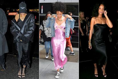 Rihanna es, por méritos propios, la mejor embajadora contemporánea de este diseño, que ella lleva todo el año, independientemente de la temporada y del dress code del evento. Lo ha combinado con abrigos de plumas, pieles, sudadera, cazadora vaquera… Sandalias y calcetines; zapatillas deportivas. Claro que en los 90 Kate Moss ya se atrevió a llevar un slip dress metálico transparente con chancletas de goma.