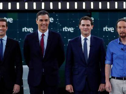El l&iacute;der del PP, Pablo Casado; el del PSOE, Pedro S&aacute;nchez; el de Ciudadanos, Albert Rivera; y el de Unidas Podemos, Pablo Iglesias, en el debate.