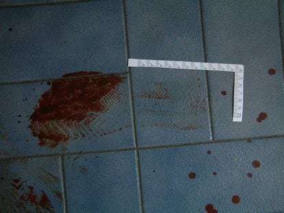 Pisadas ensangrentadas dejadas en el pavimento presuntamente por el autor de los asesinatos de tres de los cuatro miembros de la familia de Salvador Barrio, el 7 de junio de 2004.