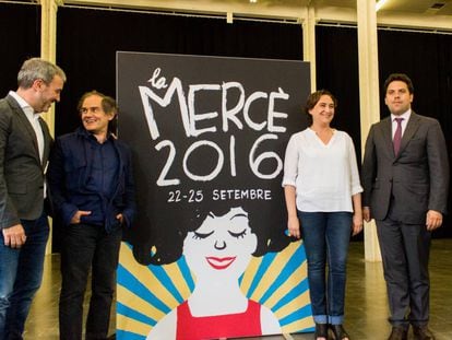 Desde la izquierda, Jaume Collboni, Pérez Andújar, Ada Colau y Patrick Krugman (teniente de alcalde de París), ayer en la presentación del cartel de las fiestas de la Mercè.