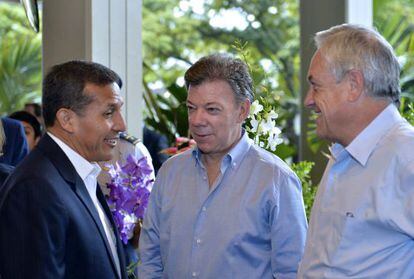 Los presidentes de Per&uacute;, Colombia y Chile, el jueves en Cali.