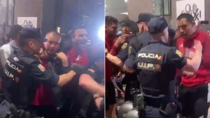 Futbolistas y personal de la selección de fútbol de Perú durante un altercado con policías españoles en Madrid.