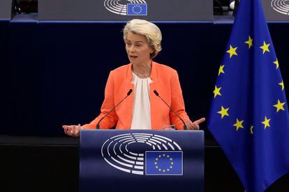 La presidenta de la Comisión Europea, Ursula von der Leyen, durante el debate sobre el estado de la Unión, en la sede del Parlamento Europeo, el 13 de agosto en Estrasburgo.