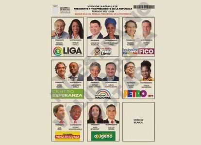 Tarjetón electoral con los candidatos a presidente y vicepresidente de Colombia.