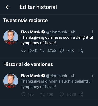 Ejemplo de cómo se ven las versiones anteriores tras usar el botón de edición en un tuit de Musk sobre Acción de Gracias.