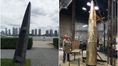 A la izquierda, la obra 'Kusikawsay', instalada en el Jardín de Esculturas de la sede de la ONU (Nueva York), a la derecha, el proceso de realización en Colombia.