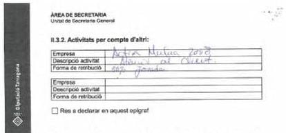Extracto de la declaración de actividad de Joan Piñol en la Diputación de Tarragona, donde cobra por dedicación exclusiva.