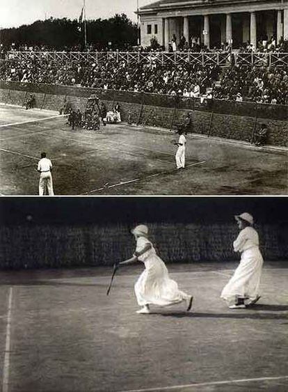 Un partido disputado en 1929 en el Pompeia. Abajo, dos jugadoras practicando tenis. Las fotos aparecen en el libro del Centenario, recogidas a su vez de <i>Història il.lustrada de l&#39;esport català</i><b>, de</b> Xavier Pujadas y Carles Santacana.
