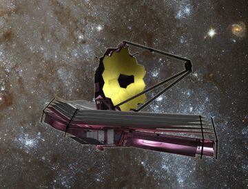 Ilustración del futuro telescopio James Webb desplegado en el espacio.
