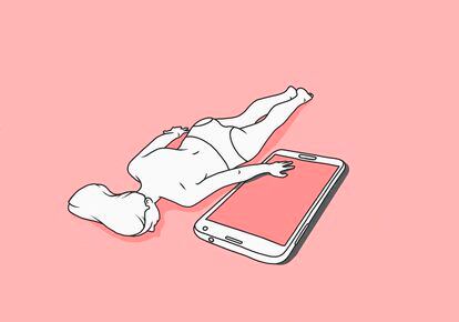 A female figure lying down with hand on a large mobile phone