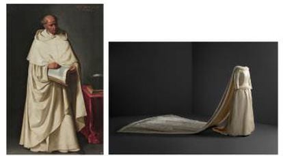 A la izda. 'Fray Francisco Zúmel', hacia 1628. Francisco de Zurbarán. A la dcha. Vestido de novia de satén y visón, 1960. Cristóbal Balenciaga. |
