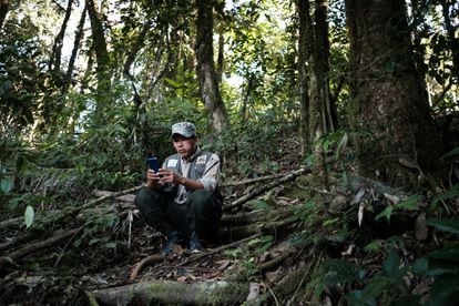 Park ranger Dario Cartagena at the top of the hill near the checkpoint, located approximately 30 minutes' walk away, where a cell phone signal is received.
