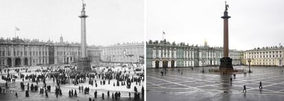 En este combo se ve el Palacio de Invierno de Zimny y la Plaza Dvortsovaya en el centro de San Petersburgo. A la izquierda, gente caminando sobre la nieve en 1917. A la derecha, la Plaza Dvortsovaya el 16 de octubre de 2017.