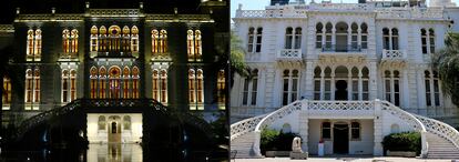 La fachada del Museo Sursock, en una imagen nocturna de octubre de 2015, y el pasado 10 de agosto.