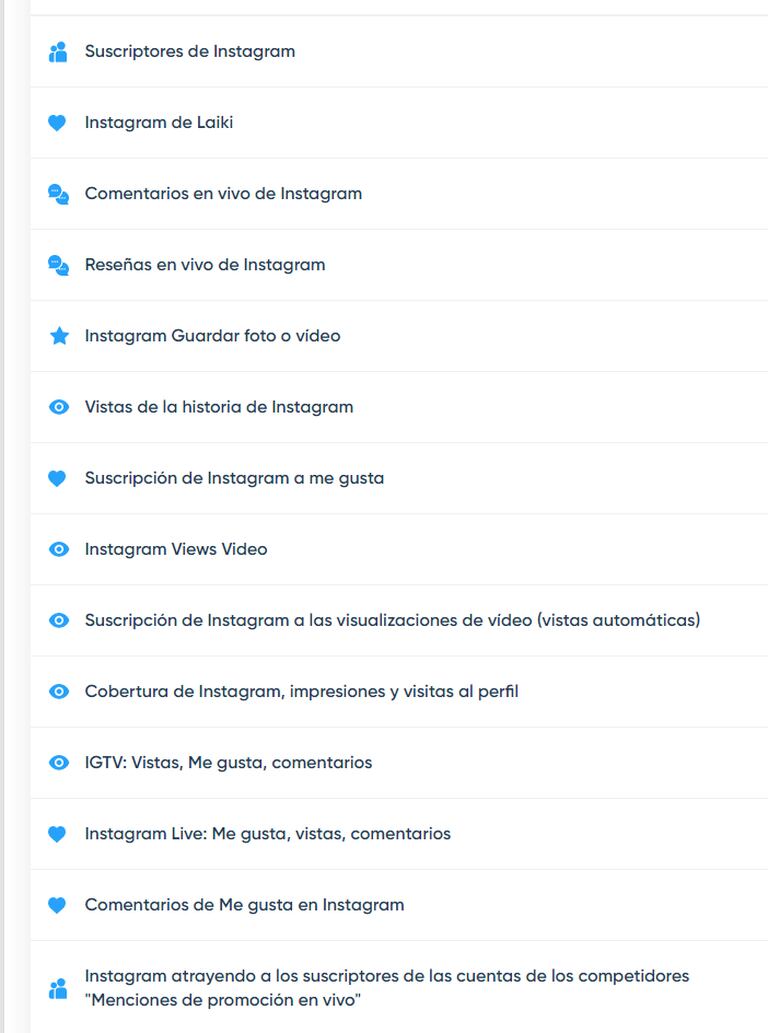 Oferta de servicios para Instagram en una web de manipulación. La traducción del ruso de los conceptos está hecha automáticamente por Bing.