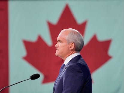 El ahora exlíder conservador canadiense, Erin O'Toole, durante un acto campaña en Oshawa, en septiembre de 2021.