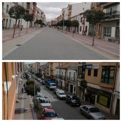 La misma calle de Las Navas del Marqués, en Ávila, vista desde dos ángulos distintos en una situación normal y durante el confinamiento debido al éxodo de madrileños. La imagen ha sido cedida por el municipio.