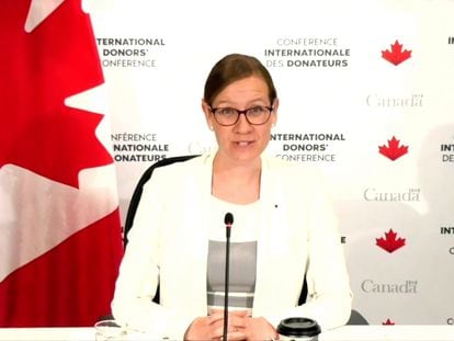 La ministra de Desarrollo Internacional de Canadá, Karina Gould, anfitriona de la conferencia internacional de donantes en solidaridad con los migrantes y refugiados venezolanos.