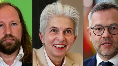 Los tres parlamentarios alemanes que han visitado Lviv el 12 de abril. De izquierda a derecha, Anton Hofreiter, de Los Verdes; Marie-Agnes Strack-Zimmermann, del partido liberal; y el socialdemócrata y ministro de Asuntos Europeos, Michael Roth.