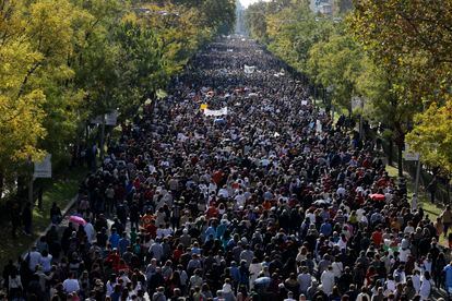 Miles de personas marchan por el Paseo de la Castellana de Madrid, este domingo.