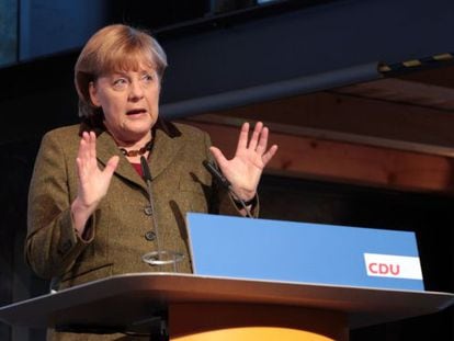 Angela Merkel, este s&aacute;bado durante un mitin en Stralsund (norte). 