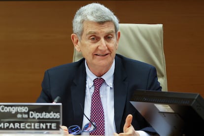 El presidente de RTVE, José Manuel Pérez Tornero, durante una comparecencia en el Congreso, el 28 de abril.