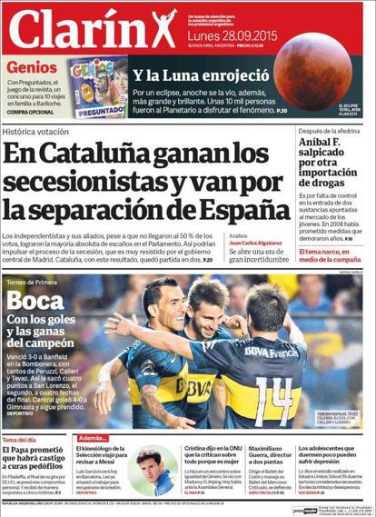 El periódico argentino 'Clarín' elige las elecciones catalanas como noticia de apertura en su edición de papel de este lunes.
