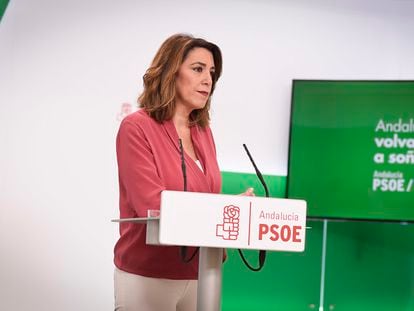 Susana Díaz, líder del PSOE Andalucía, en su vuelta a la actividad pública tras su reciente maternidad, este 23 de abril.
