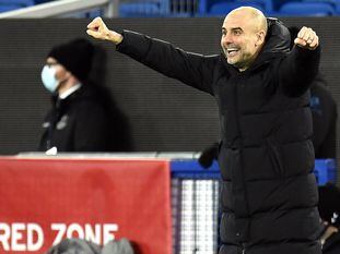 Liverpool (United Kingdom), 20/03/2021.- Manchester City manager Pep Guardiola reacts during the English FA Cup quarter final soccer match between Everton FC and Manchester City in Liverpool, Britain, 20 March 2021. (Reino Unido) EFE/EPA/Peter Powell / POOL EDITORIAL USE ONLY. No use with unauthorized audio, video, data, fixture lists, club/league logos or 'live' services. Online in-match use limited to 120 images, no video emulation. No use in betting, games or single club/league/player publications.