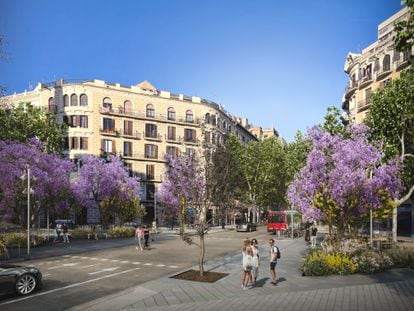 Espacios de estancia en los cruces de la calle de Consell de Cent, dentro del programa Superilla Barcelona, en una imagen virtual.