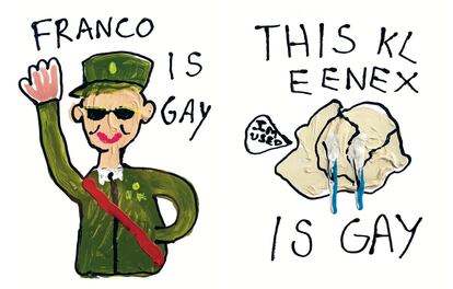 Dos ejemplos de la obra de Pepo Moreno: "Franco es gay" y "Este clínex es gay"