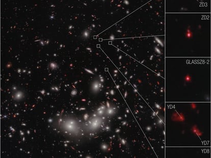 Las siete galaxias resaltadas en esta imagen del 'James Webb' están a una distancia que equivale a 650 millones de años después del Big Bang.