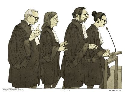 Dibujo de los abogados de las partes civiles, el 25 de mayo en el tribunal que juzga los atentados de París.