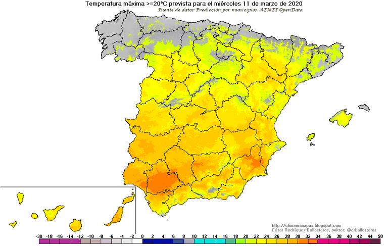 Zonas con temperatura máxima prevista igual o superior a 20ºC para el miércoles 11 de marzo. CÉSAR RODRÍGUEZ BALLESTEROS. AEMET